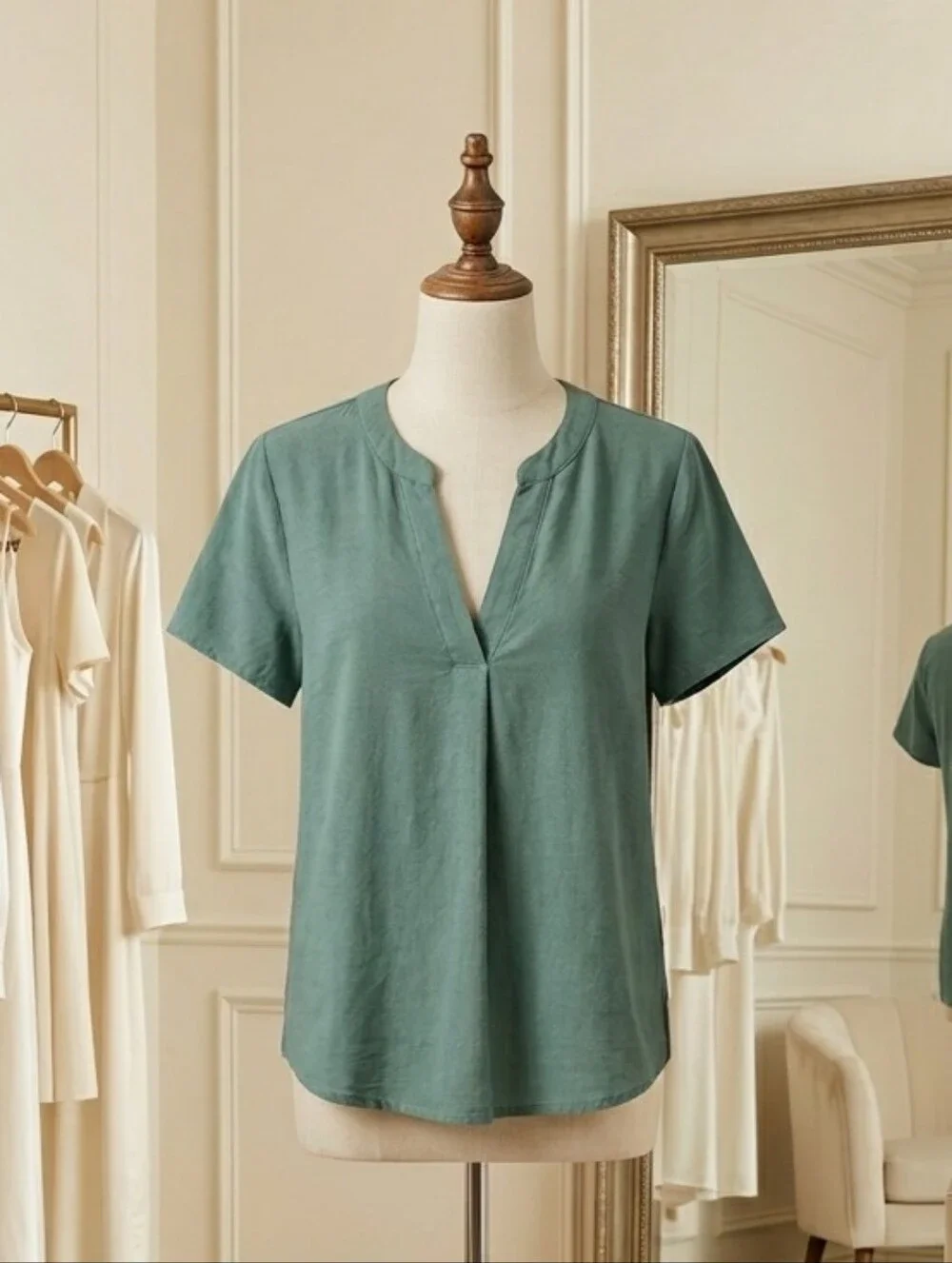 Vero Moda Green Linen Blend V-Neck Top Size M Petite